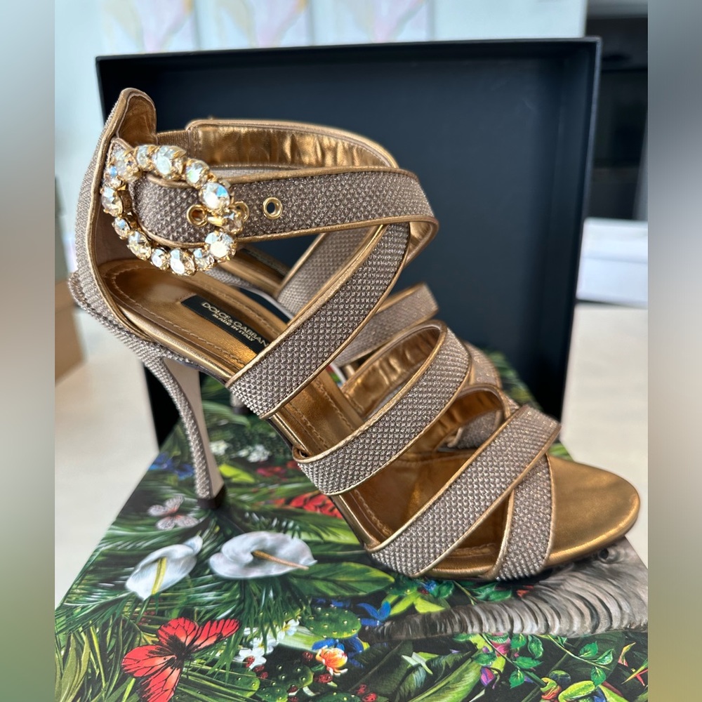 Dolce & Gabbana Bronze Crystal Strap Heels Sandals Shoes